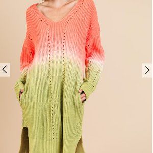 114.Women's Ombre Tie Dye Long Sleeve V-Neck Knit Sweater Dress Side Slits